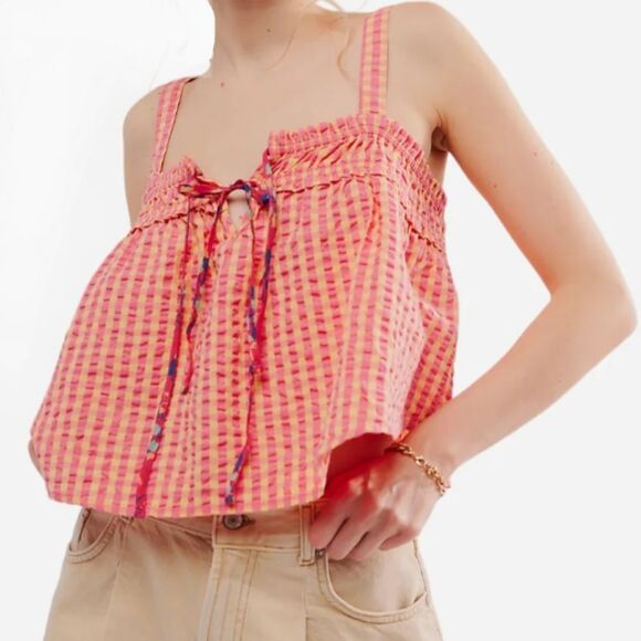 Free People Camisole Tank Picnic Party Cotton Gingham Pink Butter Seersucker XL - Picture 1 of 11